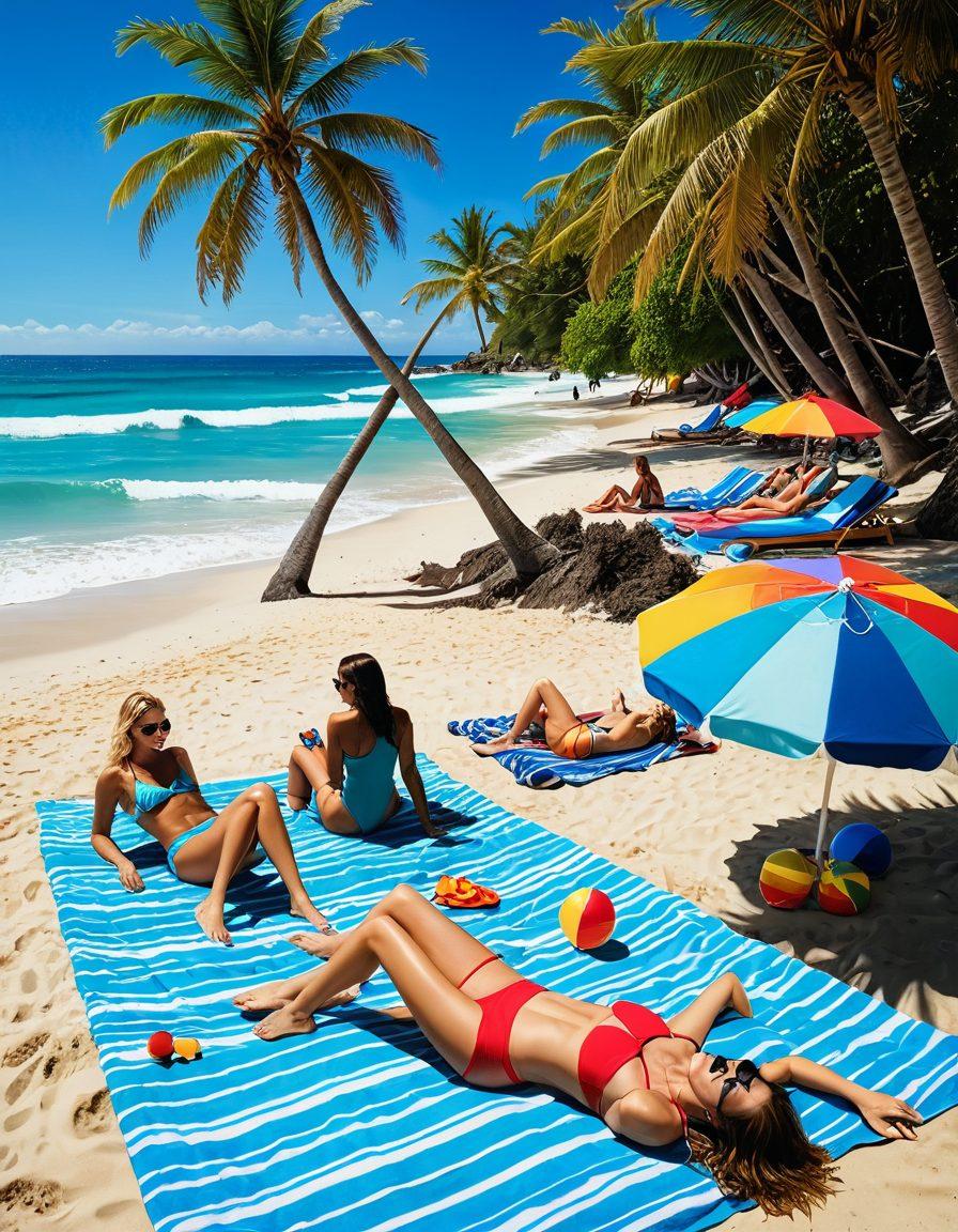 A vibrant beach scene showcasing a diverse group of stylish individuals in trendy swimwear, lounging on colorful beach towels under a bright sun. Some are sunbathing, while others are playfully splashing in the waves, with surfboards and beach balls nearby. Coconut drinks and sunglasses are scattered around, enhancing the lively atmosphere. The backdrop features a clear blue sky and gentle ocean waves. super-realistic. vibrant colors. beach aesthetic.
